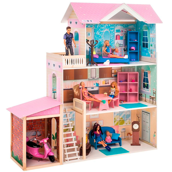 Дер. Дом кукольный Розали Гранд с меб. 11 предметов в наборе и с гаражом, для кукол 30 см PD318-11.