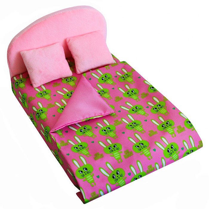 Мебель мягк. Кровать,2 подушки,одеяло."Кролики розовые" с розовым плюшем НМ-003-31